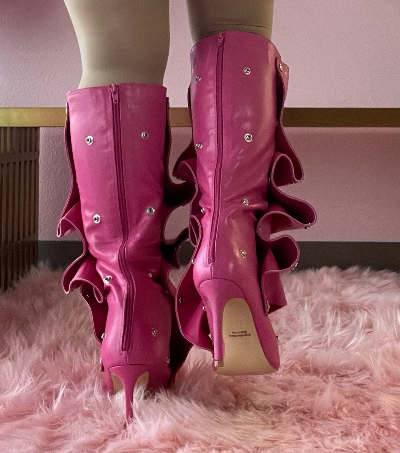 BUMBLE-01 Fuchsia Pink Faux Leather Knee High Slouch Boots with Draped Front Panel