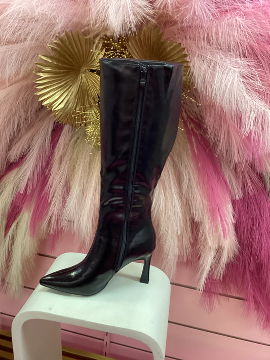 JUICE-15 BLACK SHINY FAUX LEATHER POINTY TOE KNEE HIGH BOOTS