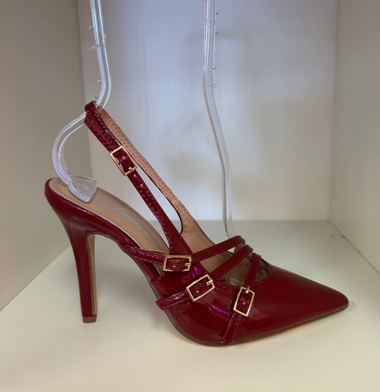 AILSA-20 PATENT LEATHER POINTY TOE SLING BACK PUMP Wine