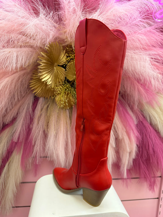RIVER-17 RED FAUX LEATHER KNEE HIGH POITY TOE CLASSIC COWBOY BOOTS WITH TONE ON TONE STITCHING