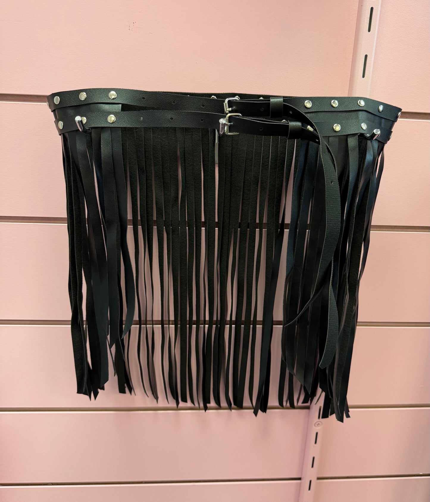 OVER YONDER BLACK FAUX LEATHER FRINGE BELT WITH STUDS AND DOUBLE BUCKLE