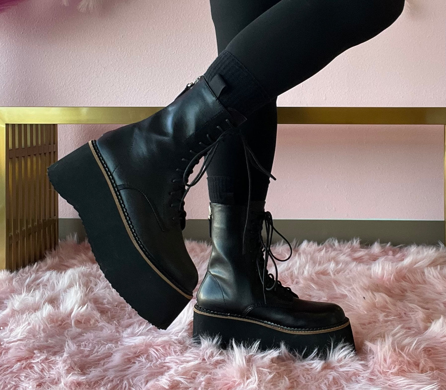 THE RIVETER Black Faux Leather Platform Combat Boot