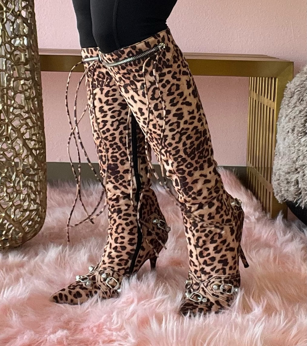 BEXIE-3/2024 Leopard Print Boot Knee High Boot with Tassel Zipper Detail