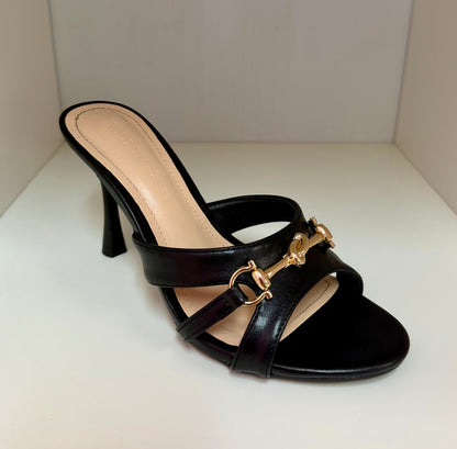 PROWL-07 BLACK FAUX LEATHER STRAPPY SLIP ON MULE STILETTO HEEL WITH GOLD FRONT DETAIL