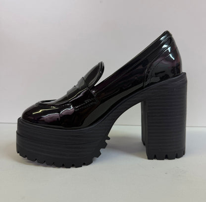 MANILA-03 BLACK PATENT PLATFORM BLOCK HEEL ROUND TOE LOAFERS