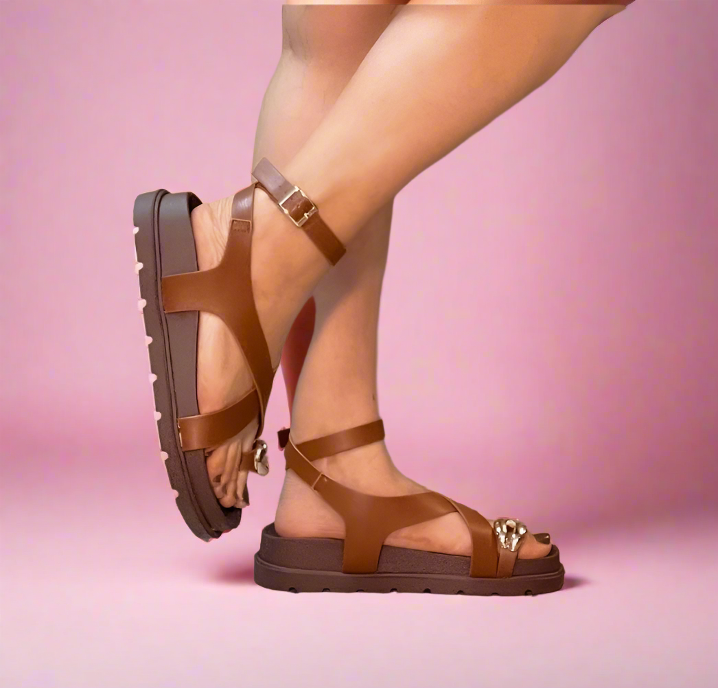 PROMISE Tan Metal ring ankle strap sandal