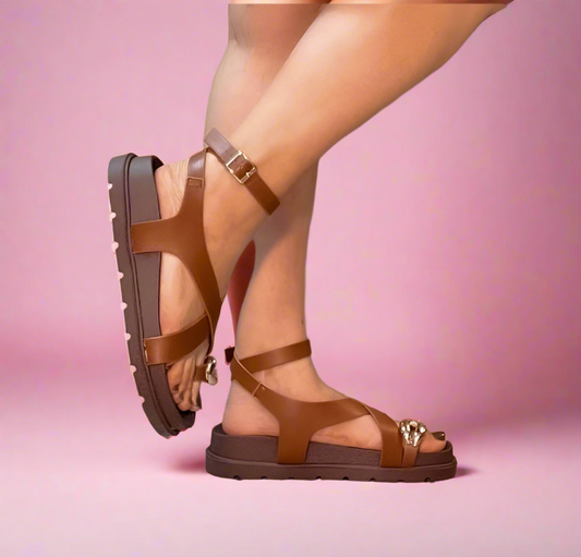 PROMISE Tan Metal ring ankle strap sandal