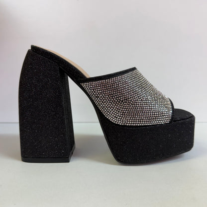REFRESH-01 BLACK GLITTER FABRIC CHUNKY PLATFORM CURVED BLOCK HEEL MULE WITH THICK RHINESTONE VAMP