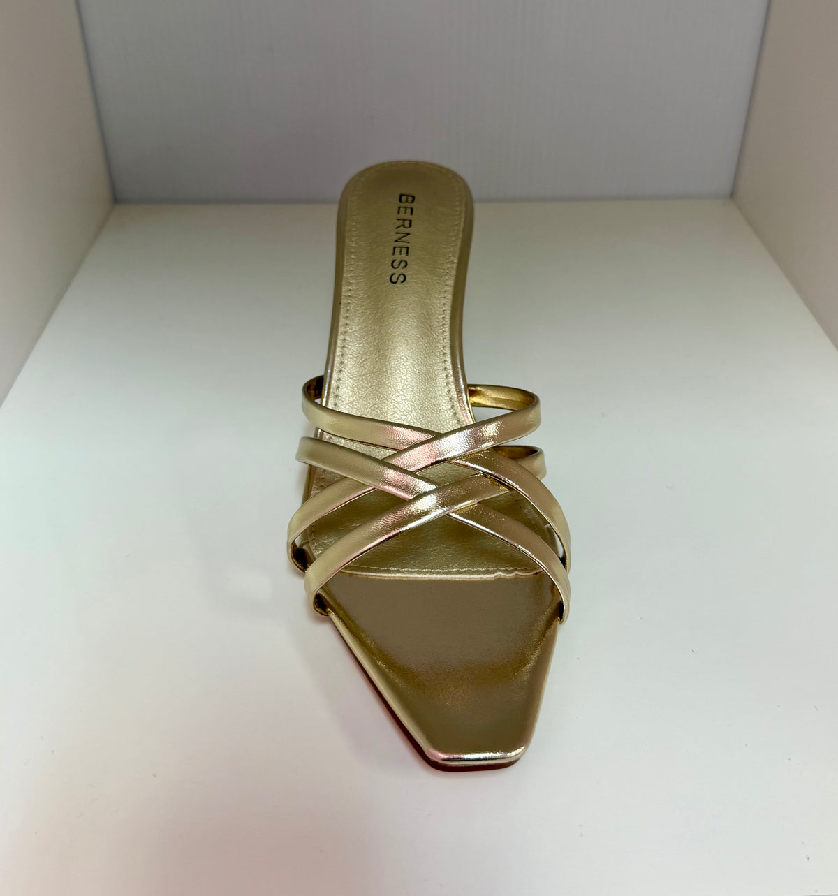 MONROE GOLD METALLIC FAUX LEATHER STRAPPY SLIP ON MULE KITTEN HEEL
