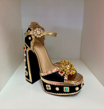 ROYAL-1 AG26 BLACK SATIN PLATFORM CHUNKY HEEL TRIMMED WITH GOLD FAUX LEATHER AND ALL OVER JEWELS