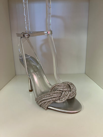 NARI-02 SILVER FAUX LEATHER OPEN TOE STILETTO WITH KNOTTED RHINESTONE VAMP