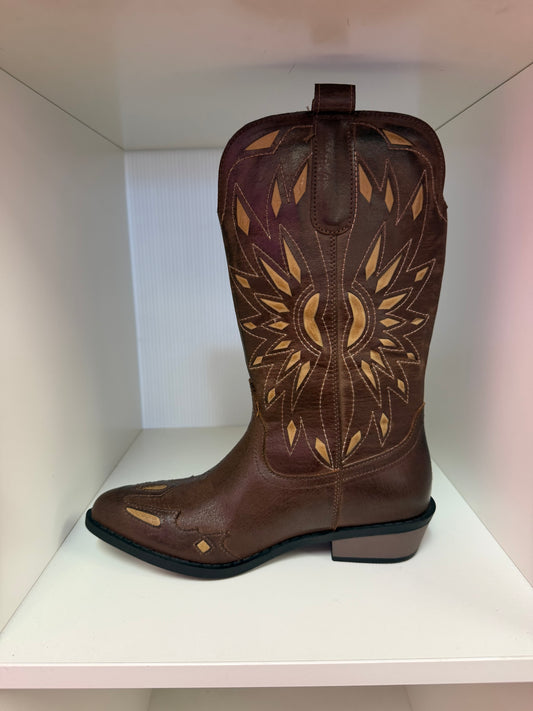 RIVKA--02 BROWN FAUX LEATHER MID CALF COWBOY BOOT WITH TRIBAL INSPIRED WHEAT COLORED CUT OUT DESIGN