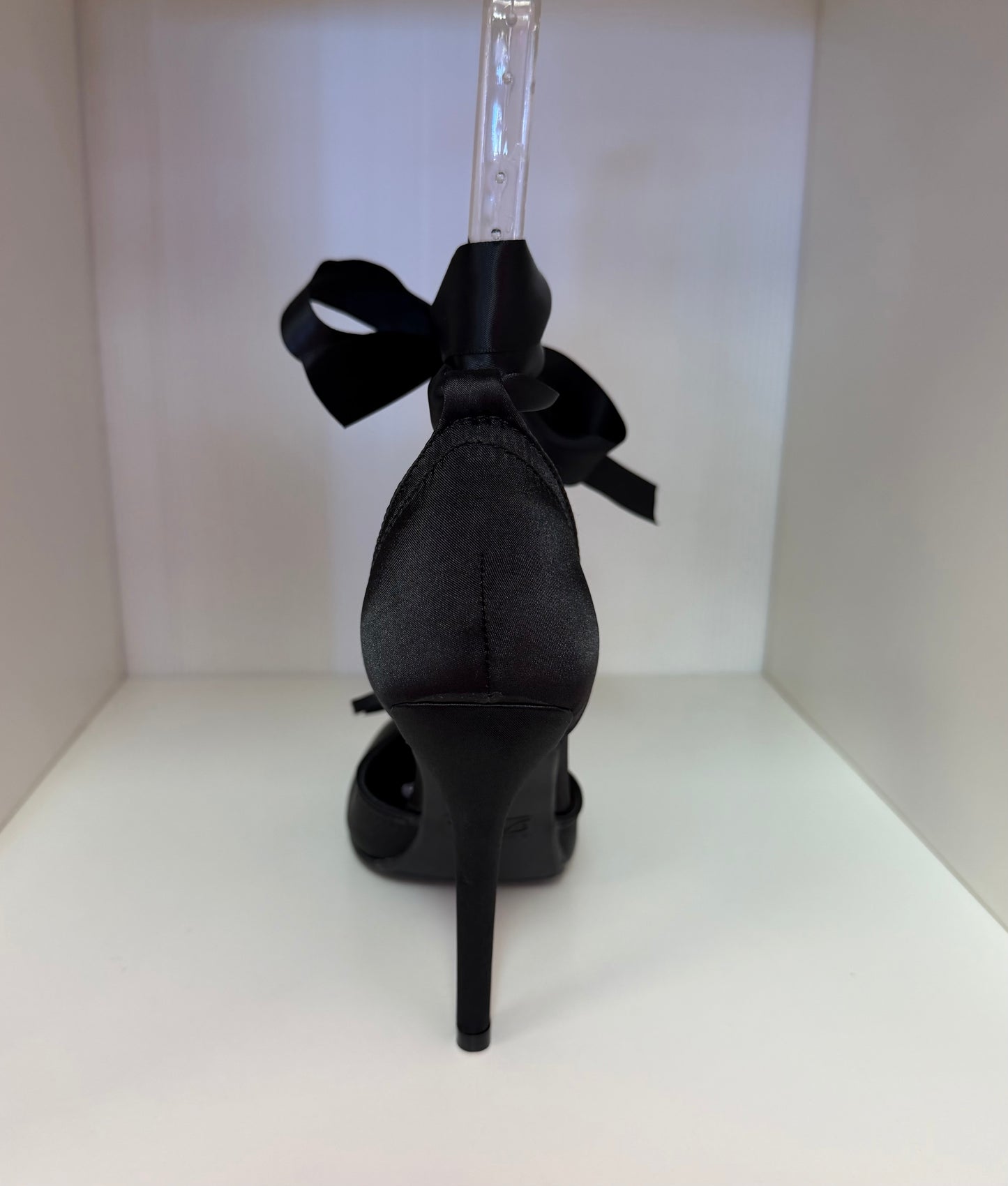MIRACLE-11 BLACK SATIN TIE UP CLOSED TOE BALLERINA STILETTO HEELS