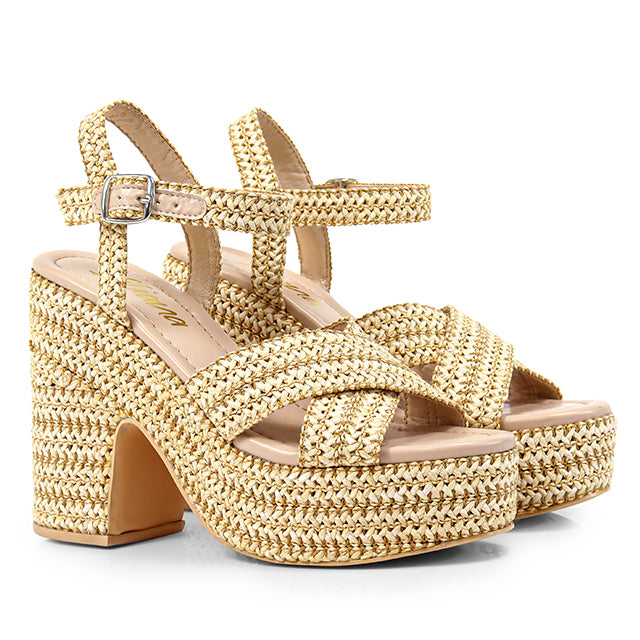 Dandy-1 Beige

- Natural Beige and tan interwoven Raffia
- Open Toe
- Criss cross vamp
- Chunky heel
- Ankle strap with buckle
- Platform Sole, Approx. 2"
- Block Heel, Approx. 4"