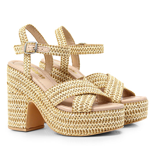 Dandy-1 Beige

- Natural Beige and tan interwoven Raffia
- Open Toe
- Criss cross vamp
- Chunky heel
- Ankle strap with buckle
- Platform Sole, Approx. 2"
- Block Heel, Approx. 4"