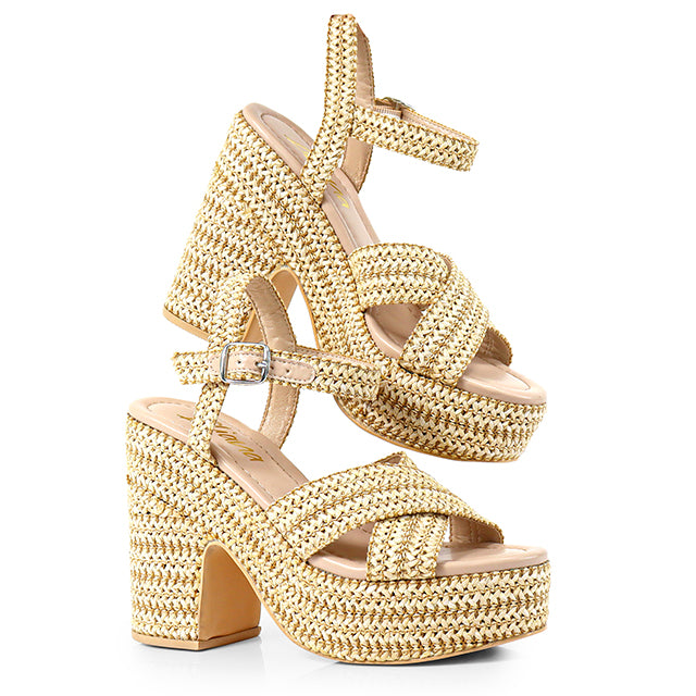 Dandy-1 Beige

- Natural Beige and tan interwoven Raffia
- Open Toe
- Criss cross vamp
- Chunky heel
- Ankle strap with buckle
- Platform Sole, Approx. 2"
- Block Heel, Approx. 4"