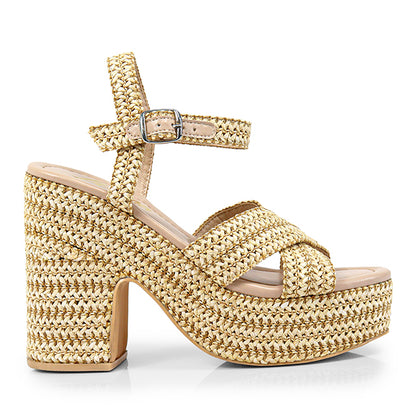 Dandy-1 Beige

- Natural Beige and tan interwoven Raffia
- Open Toe
- Criss cross vamp
- Chunky heel
- Ankle strap with buckle
- Platform Sole, Approx. 2"
- Block Heel, Approx. 4"