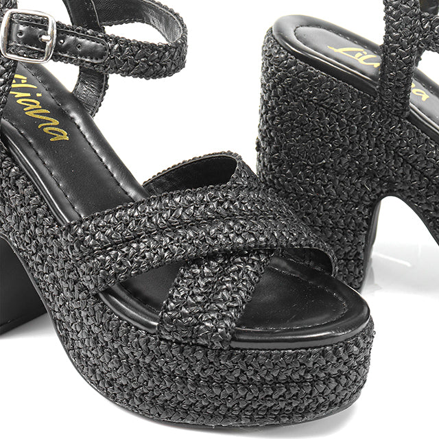 Dandy-1 Black

- black Raffia
- Open Toe
- Criss cross vamp
- Chunky heel
- Ankle strap with buckle
- Platform Sole, Approx. 2"
- Block Heel, Approx. 4"
