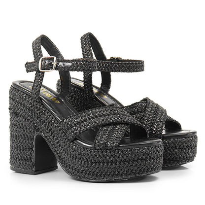 Dandy-1 Black

- black Raffia
- Open Toe
- Criss cross vamp
- Chunky heel
- Ankle strap with buckle
- Platform Sole, Approx. 2"
- Block Heel, Approx. 4"