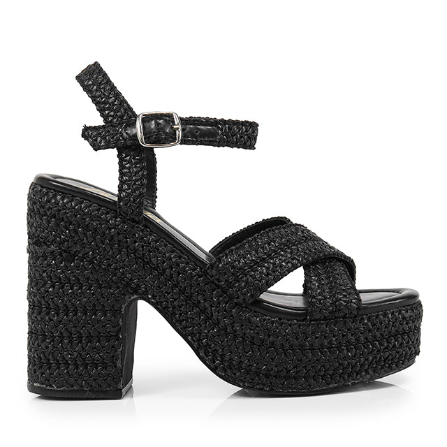 Dandy-1 Black

- black Raffia
- Open Toe
- Criss cross vamp
- Chunky heel
- Ankle strap with buckle
- Platform Sole, Approx. 2"
- Block Heel, Approx. 4"