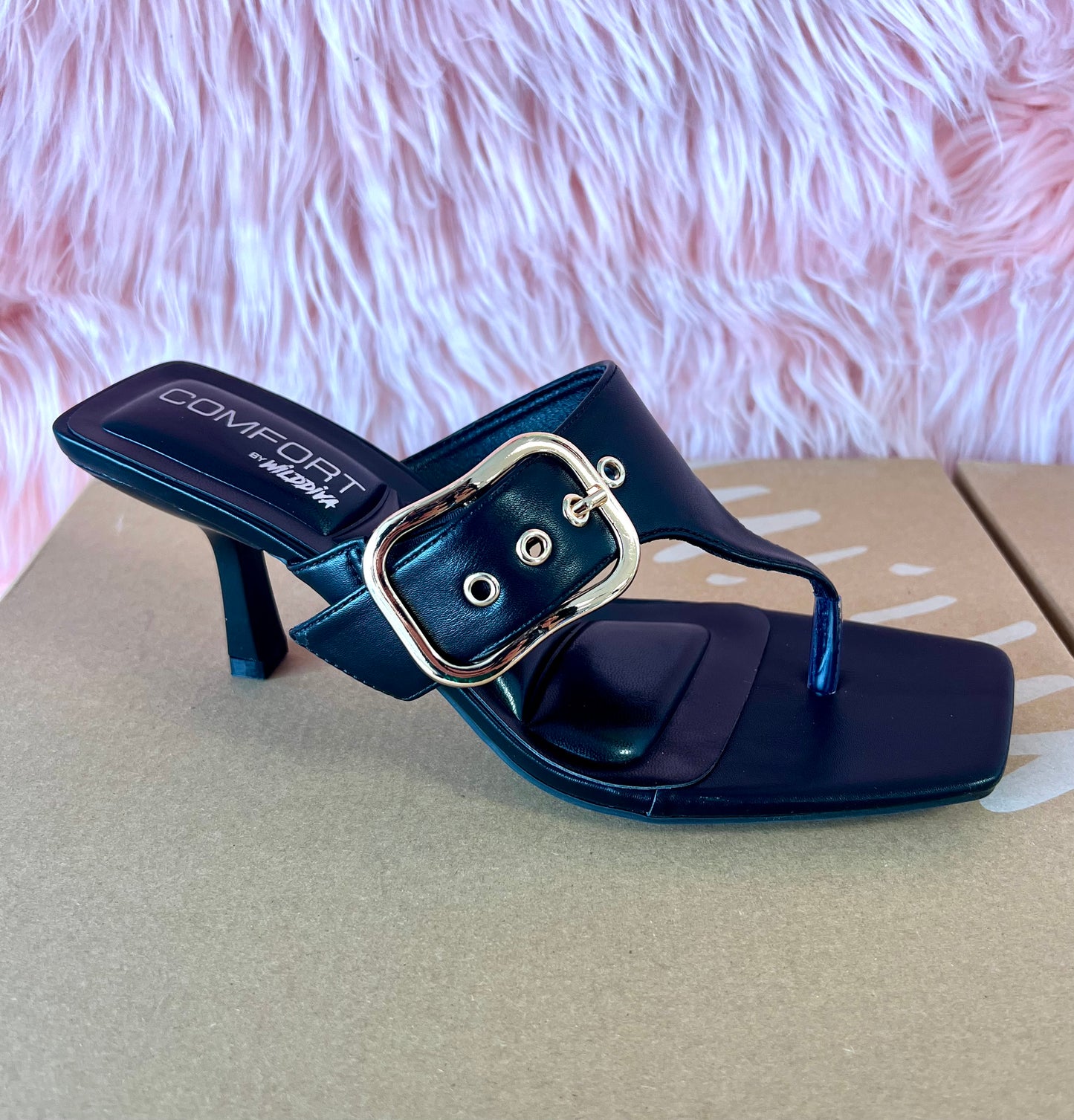 MERASA-13 Black Kitten Heel Split Toe Black Faux Leather - Slip On - Square Open Toe