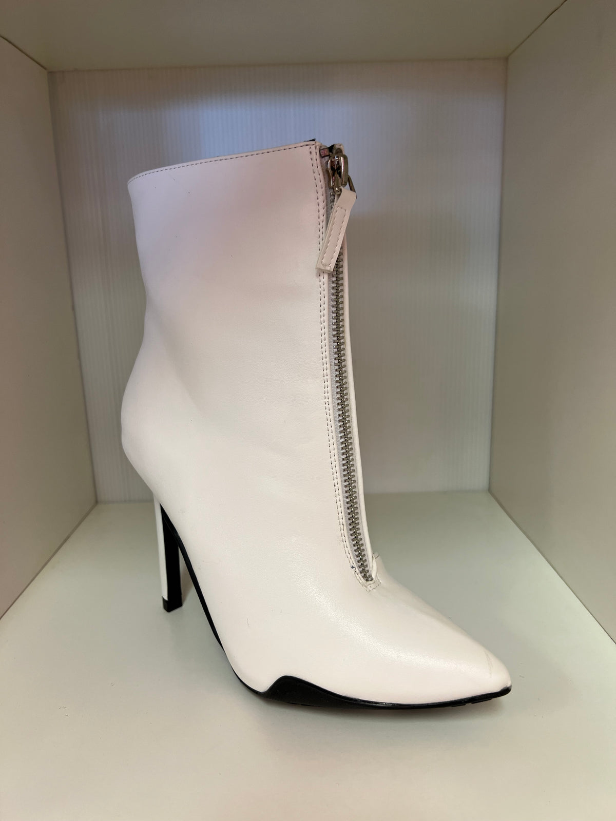 SHYY-02 WHITE FAUX LEATHER POINTY TOE STILETTO BOOTIE WITH FRONT ZIPPER