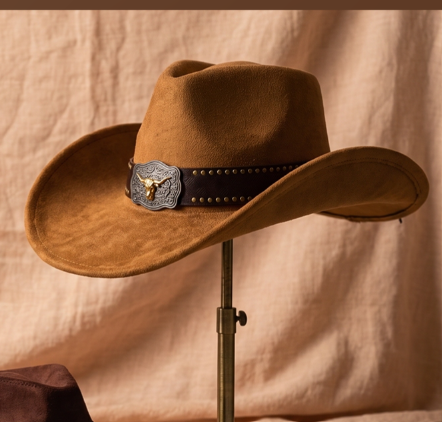 DENTON  CAMEL  FAUX SUEDE COWBOY HAT WITH BROWN FAUX LEATHER BAND AND METAL LONGHORN DETAIL