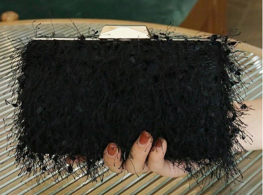 DEVONA BLACK FAUX FEATHER EMBELLISHED FRINGE EVENING BAG HARD CASE CLUTCH WITH OPTIONAL STRAP