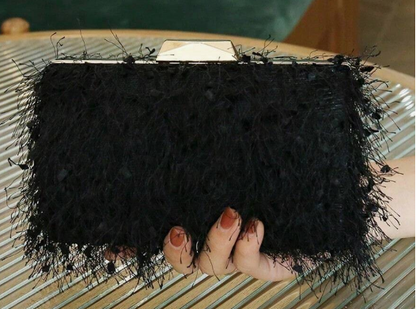 DEVONA BLACK FAUX FEATHER EMBELLISHED FRINGE EVENING BAG HARD CASE CLUTCH WITH OPTIONAL STRAP