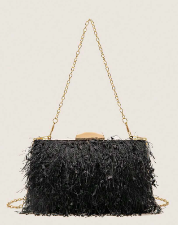 DEVONA BLACK FAUX FEATHER EMBELLISHED FRINGE EVENING BAG HARD CASE CLUTCH WITH OPTIONAL STRAP