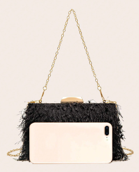 DEVONA BLACK FAUX FEATHER EMBELLISHED FRINGE EVENING BAG HARD CASE CLUTCH WITH OPTIONAL STRAP