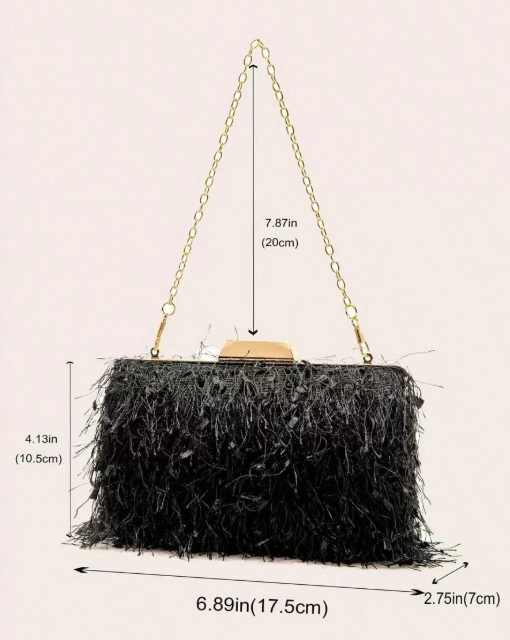 DEVONA BLACK FAUX FEATHER EMBELLISHED FRINGE EVENING BAG HARD CASE CLUTCH WITH OPTIONAL STRAP