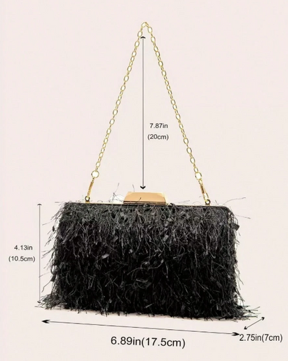 DEVONA BLACK FAUX FEATHER EMBELLISHED FRINGE EVENING BAG HARD CASE CLUTCH WITH OPTIONAL STRAP
