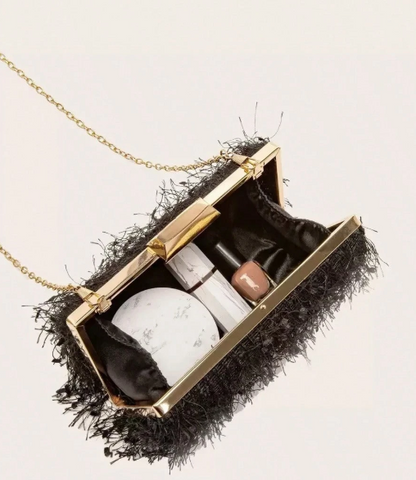 DEVONA BLACK FAUX FEATHER EMBELLISHED FRINGE EVENING BAG HARD CASE CLUTCH WITH OPTIONAL STRAP