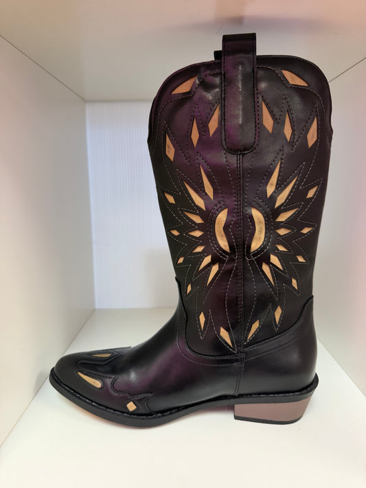 RIVKA02 BLACK FAUX LEATHER MID CALF COWBOY BOOT WITH TRIBAL INSPIRED WHEAT COLORED CUT OUT DESIGN
