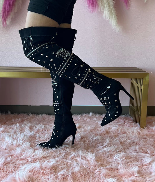 ABILENEA Black Denim Thigh High Boot Heavy Hardware
