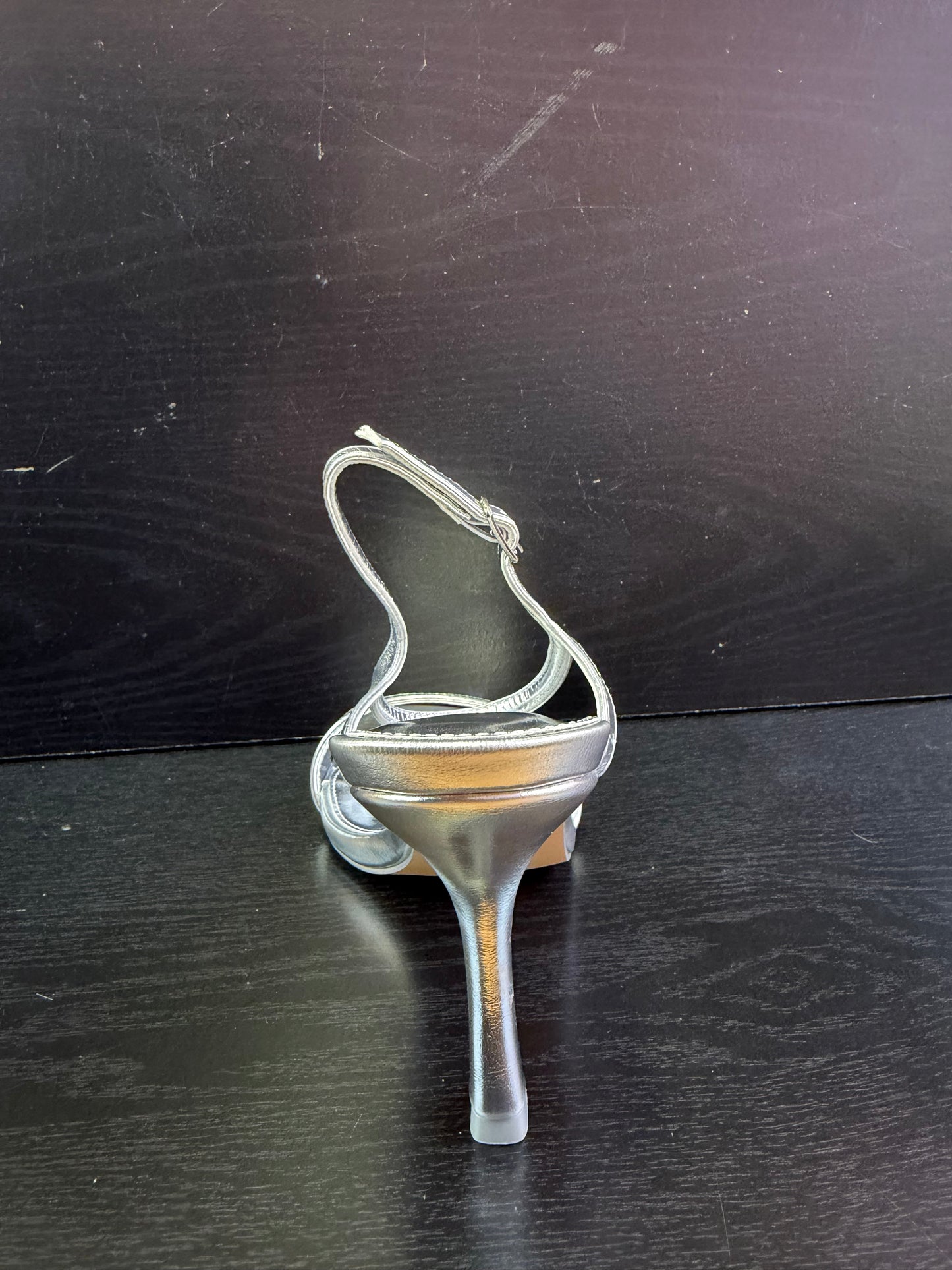 BIBIANA METALLIC FAUX LEATHER ANKLE STRAP HEEL Silver