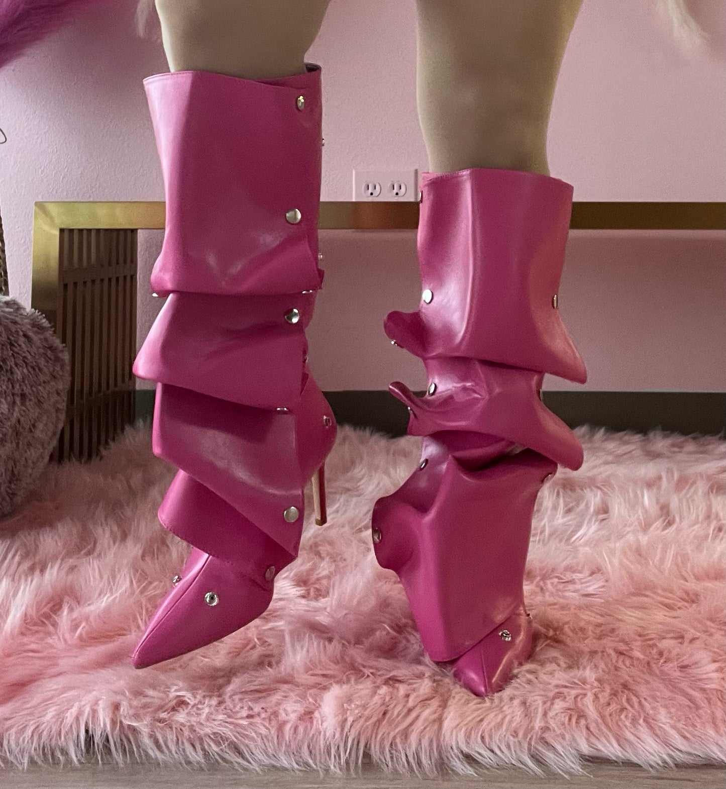 BUMBLE-01 Fuchsia Pink Faux Leather Knee High Slouch Boots with Draped Front Panel