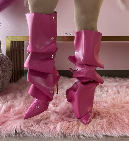 BUMBLE-01 Fuchsia Pink Faux Leather Knee High Slouch Boots with Draped Front Panel