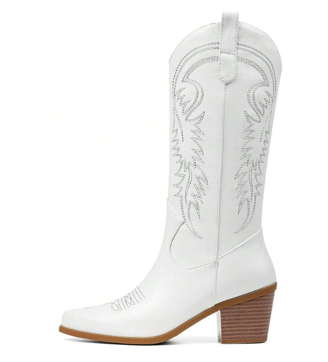 DESTINY WHITE MID CALF CONTRAST STITCH SLIP ON COWBOY BOOT