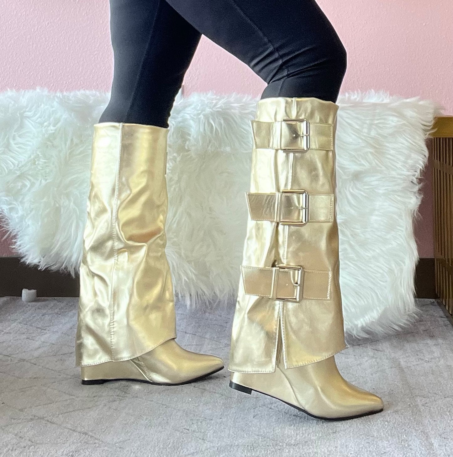TIMELY Gold Faux Leather Sleeve Boot - Knee-High Sleeve Drape Over