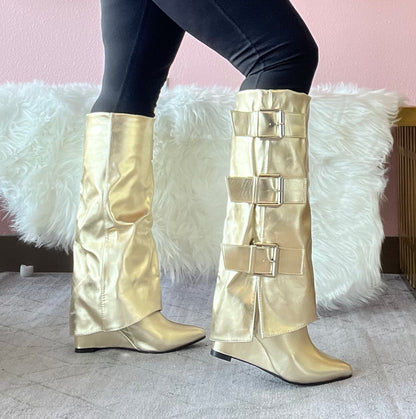 TIMELY Gold Faux Leather Sleeve Boot - Knee-High Sleeve Drape Over