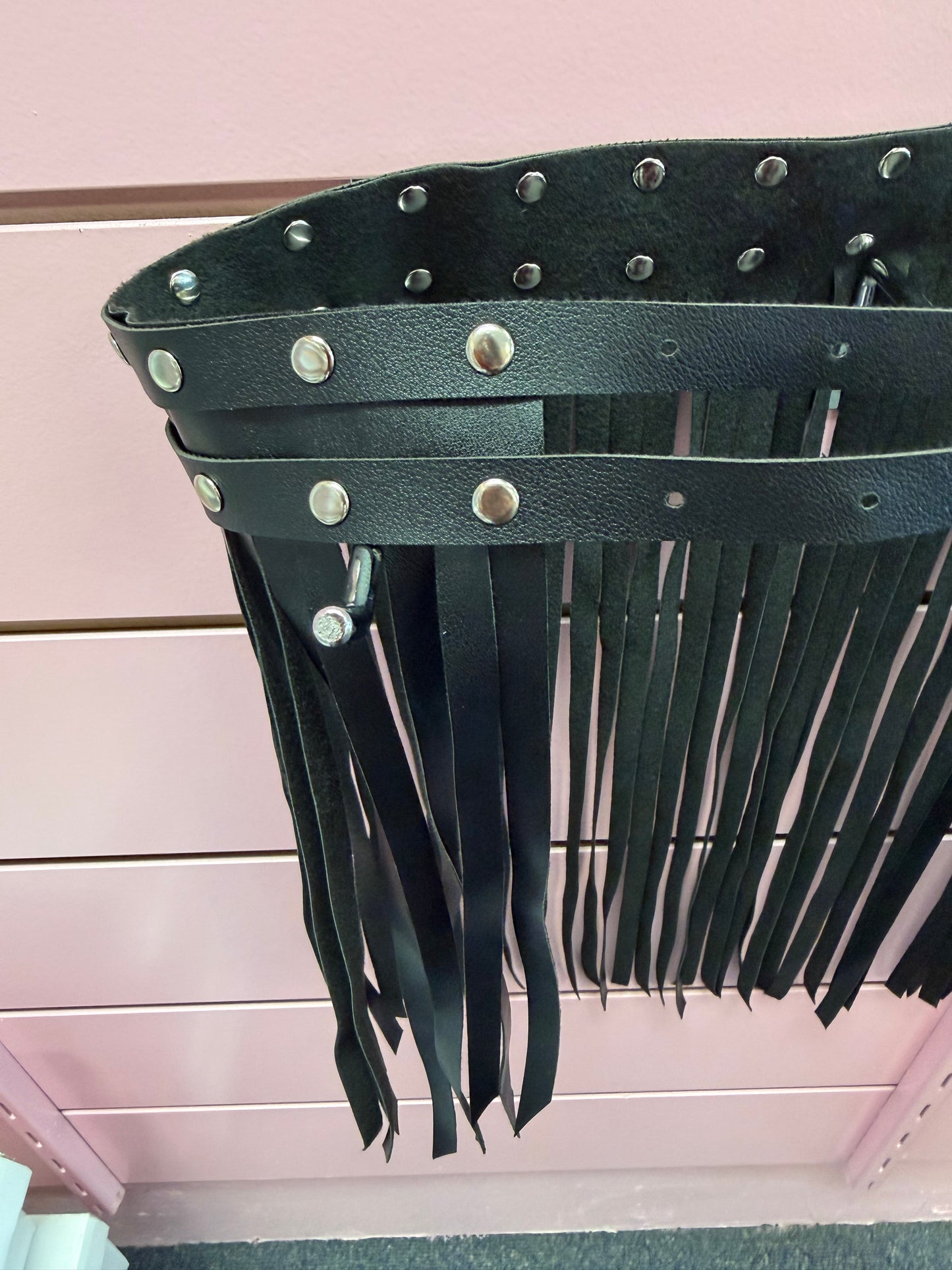 OVER YONDER BLACK FAUX LEATHER FRINGE BELT WITH STUDS AND DOUBLE BUCKLE