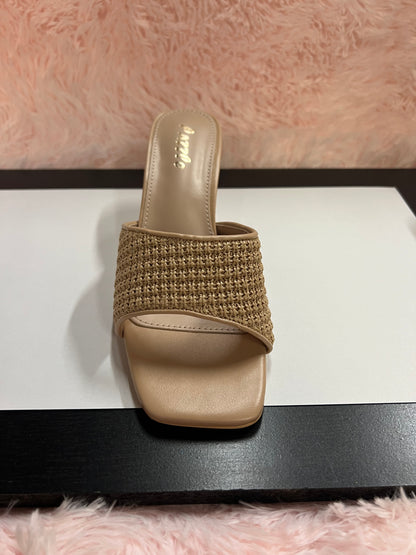 MARY-101 Nude Natural Woven Raffia Kitten Heel Open Toe Mule