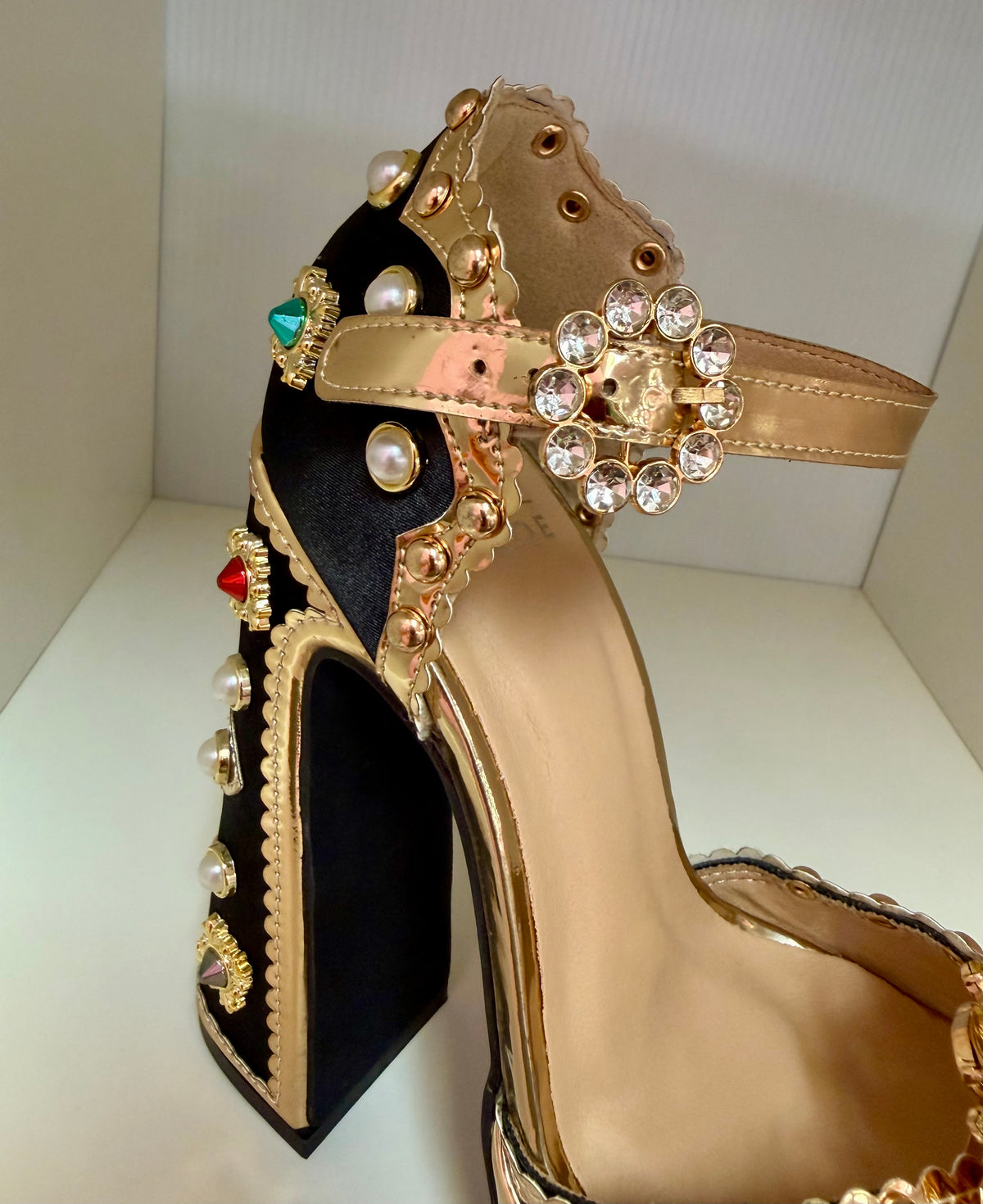 ROYAL-1 AG26 BLACK SATIN PLATFORM CHUNKY HEEL TRIMMED WITH GOLD FAUX LEATHER AND ALL OVER JEWELS