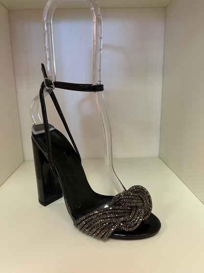 MORRINA-25 BLACK PATENT LEATHER OPEN TOE BLOCK HEEL WITH KNOTTED RHINESTONE VAMP