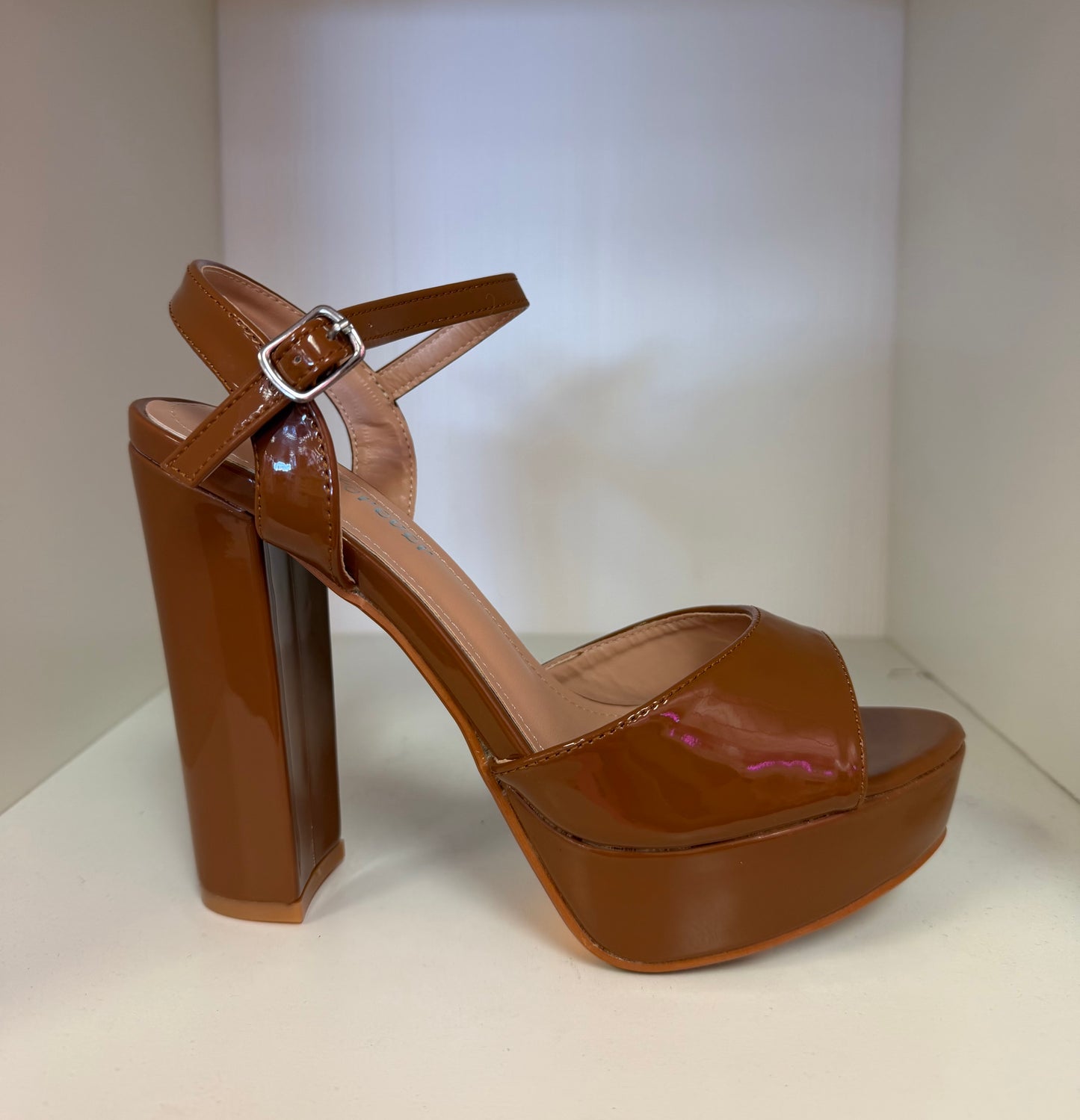 YULA-17 TAN Patent Faux Leather Platform Heel