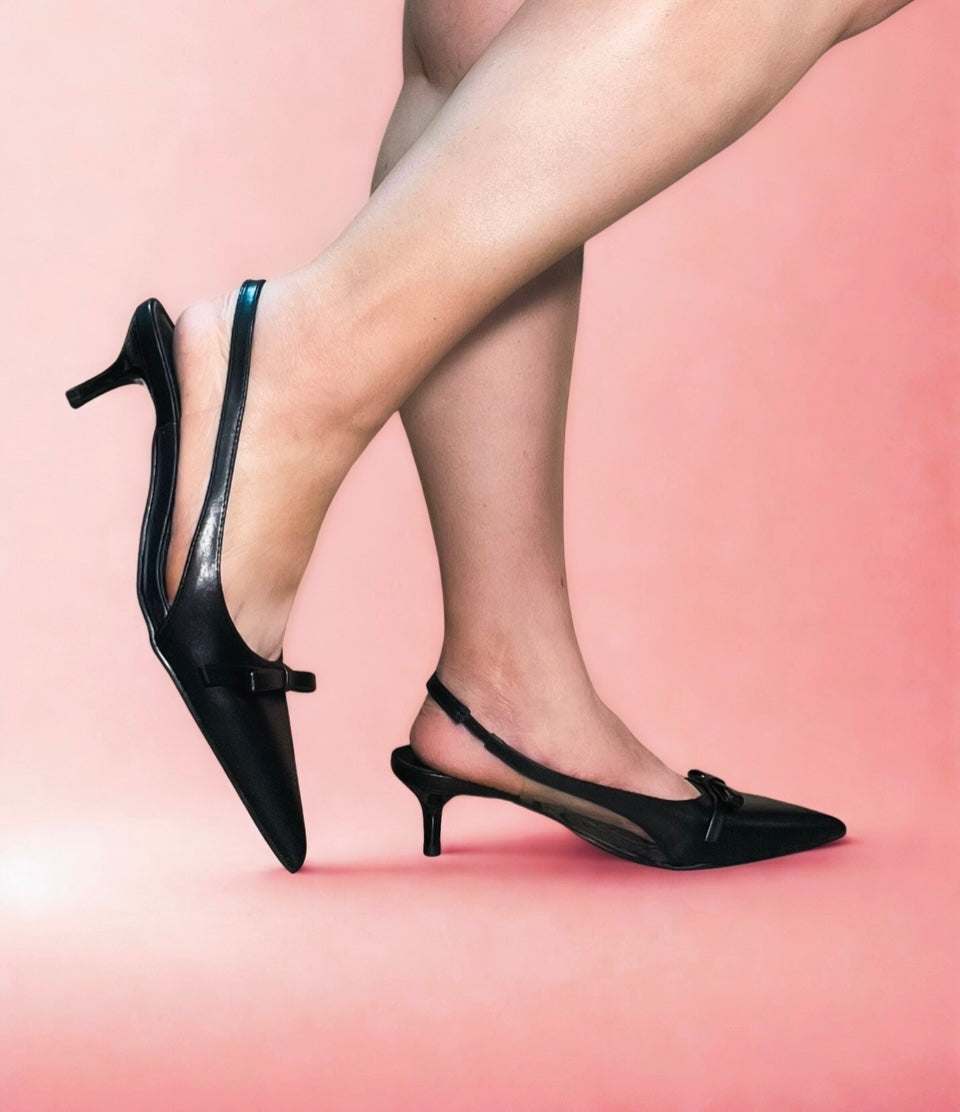 SASSY Black Kitten Heel Pump Slingback Faux Leather