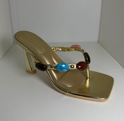 NOVARA-01 GOLD FAUX LEATHER SLIP ON SQUARE TOE SPLIT TOE THONG SANDAL WITH MULTICOLOR FAUX GEMSTONE DETAIL