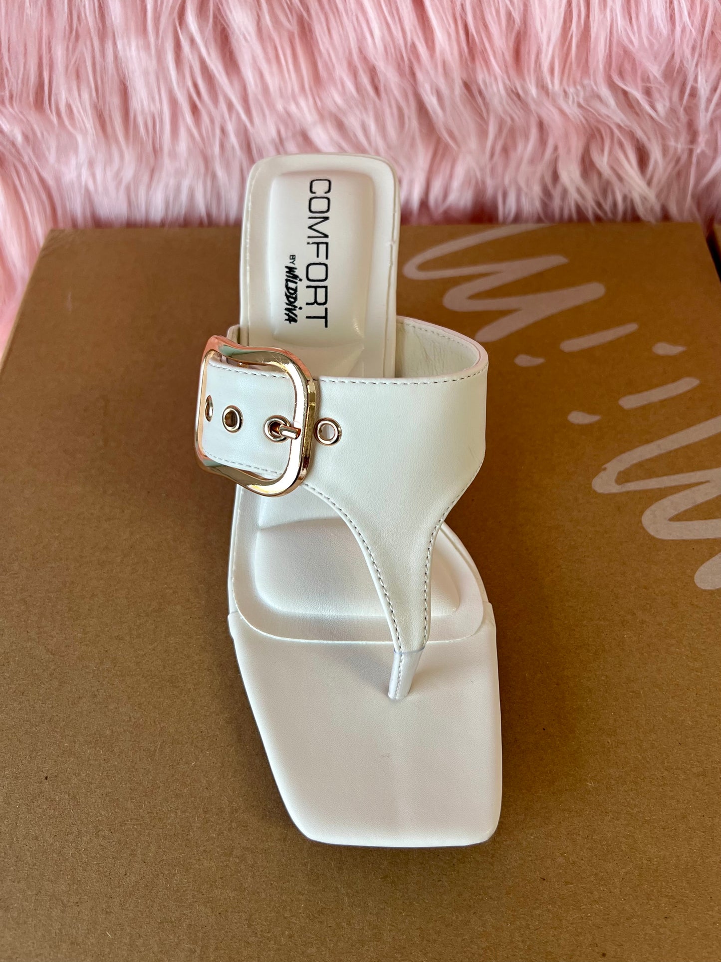 MERASA-13 White Stone Kitten Heel Split Toe Black Faux Leather - Slip On - Square Open Toe